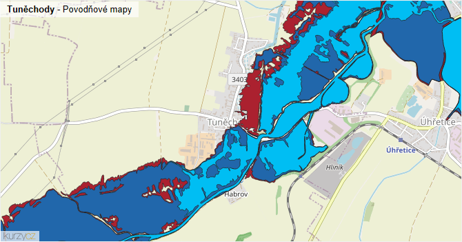 Tuněchody - záplavové mapy stoleté vody