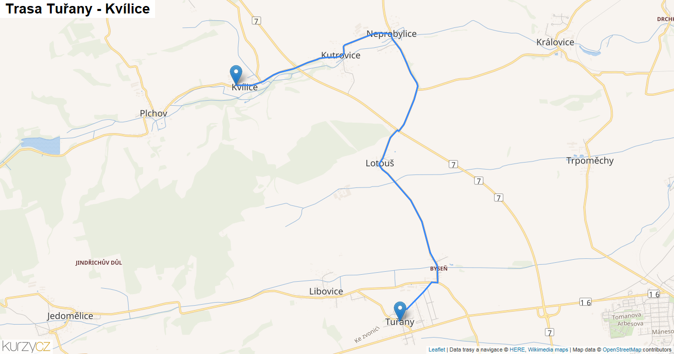 Tuřany-Kvílice, mapa trasy