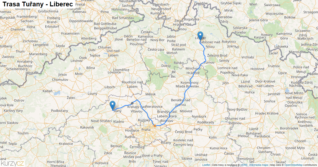 Tuřany-Liberec, mapa trasy