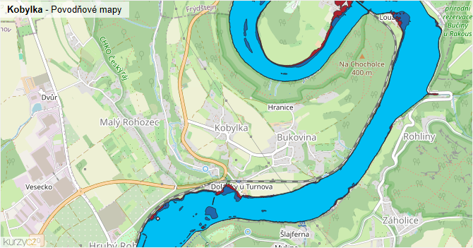 Kobylka - záplavové mapy stoleté vody
