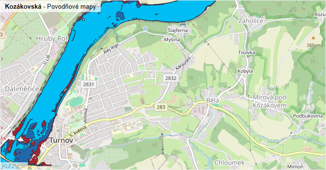 Kozákovská - záplavové mapy stoleté vody