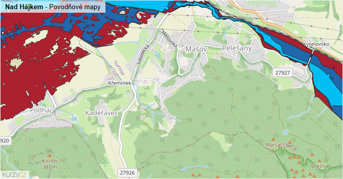 Nad Hájkem - záplavové mapy stoleté vody