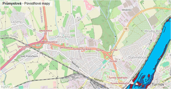 Průmyslová - záplavové mapy stoleté vody