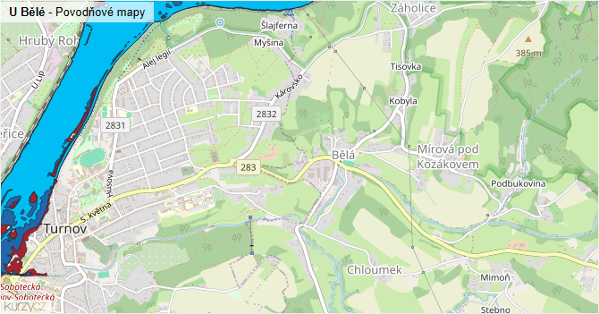U Bělé - záplavové mapy stoleté vody