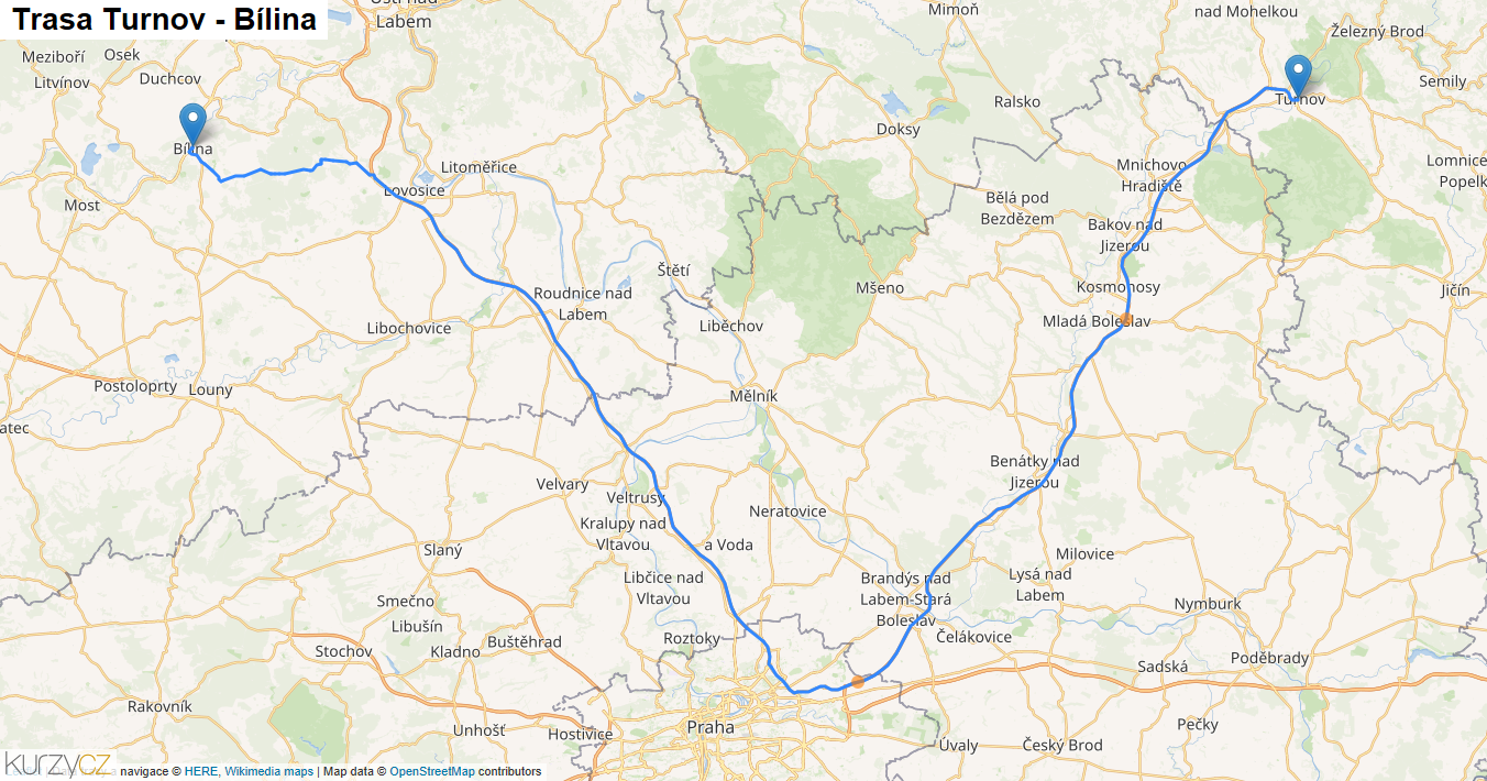 Turnov-Bílina, mapa trasy