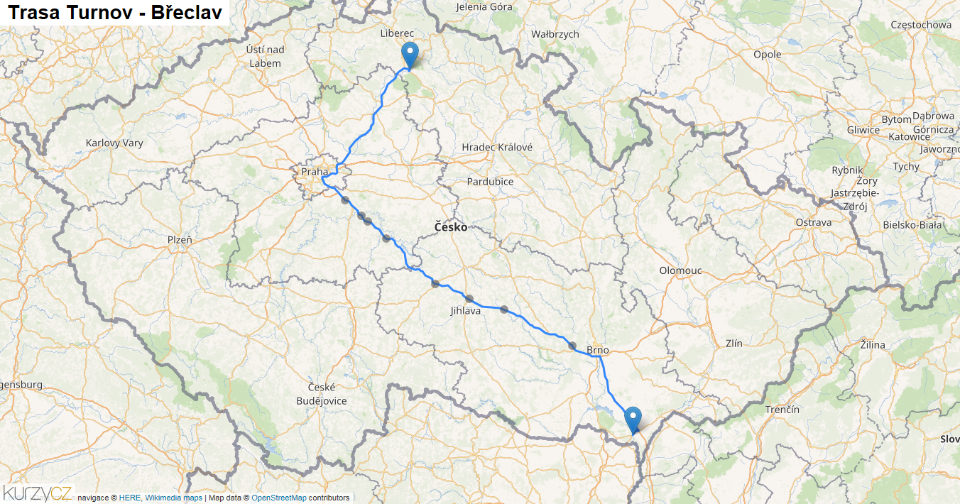 Turnov-Břeclav, mapa trasy