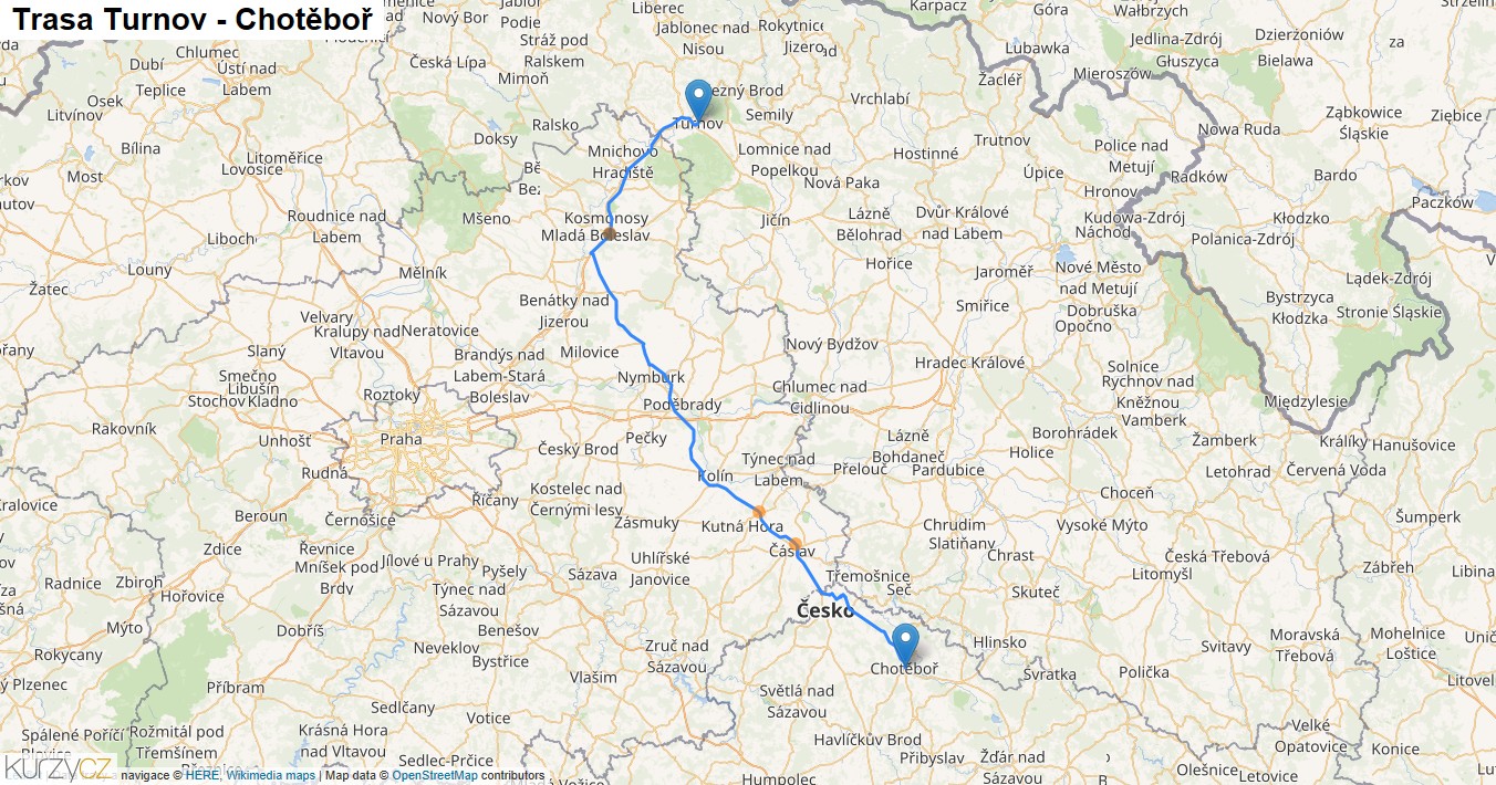 Turnov-Chotěboř, mapa trasy