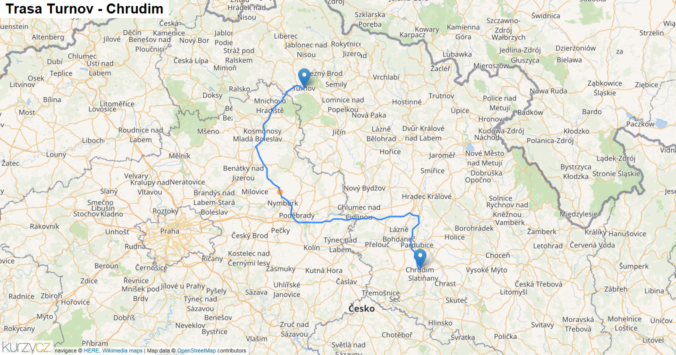 Turnov-Chrudim, mapa trasy