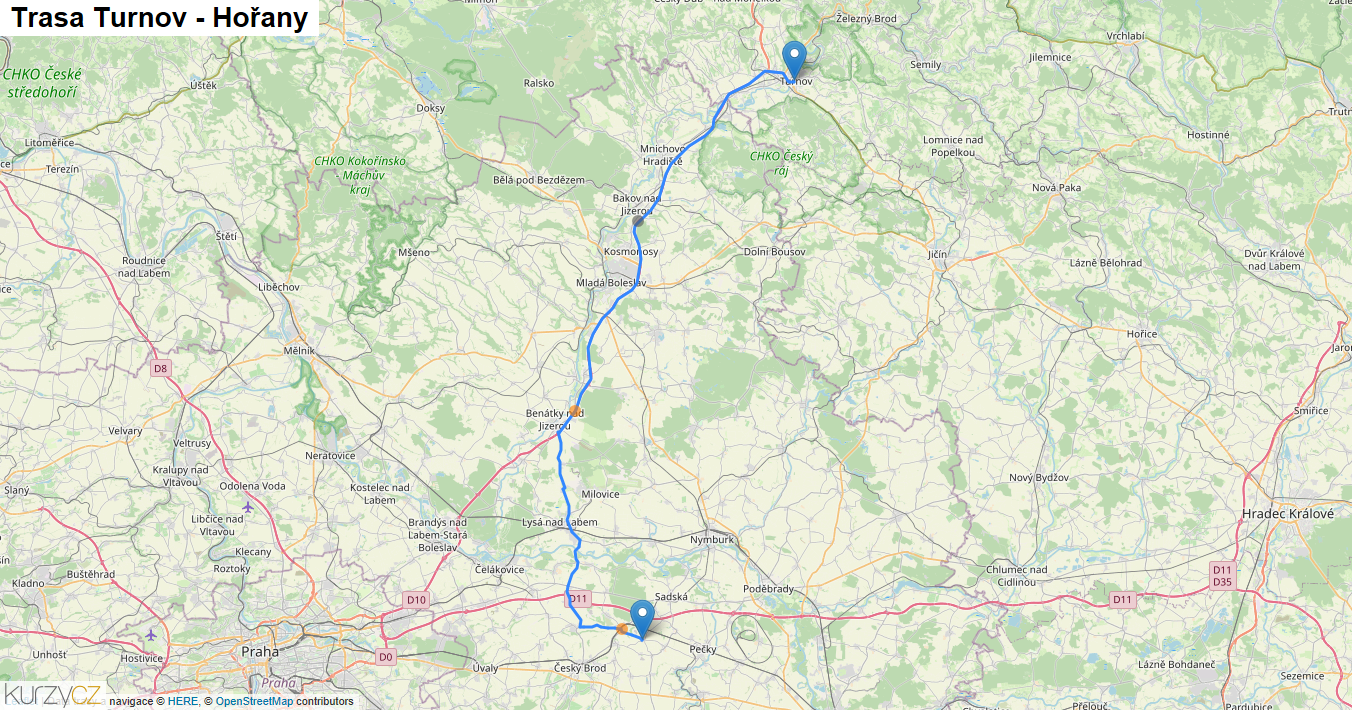 Turnov-Hořany, mapa trasy