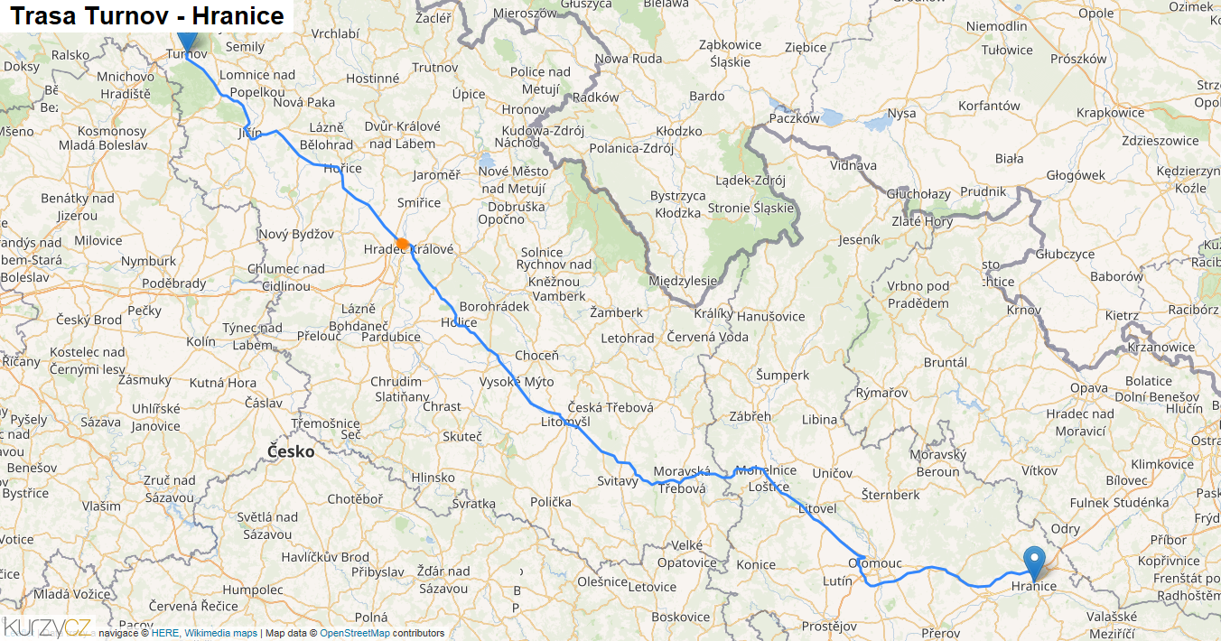 Turnov-Hranice, mapa trasy