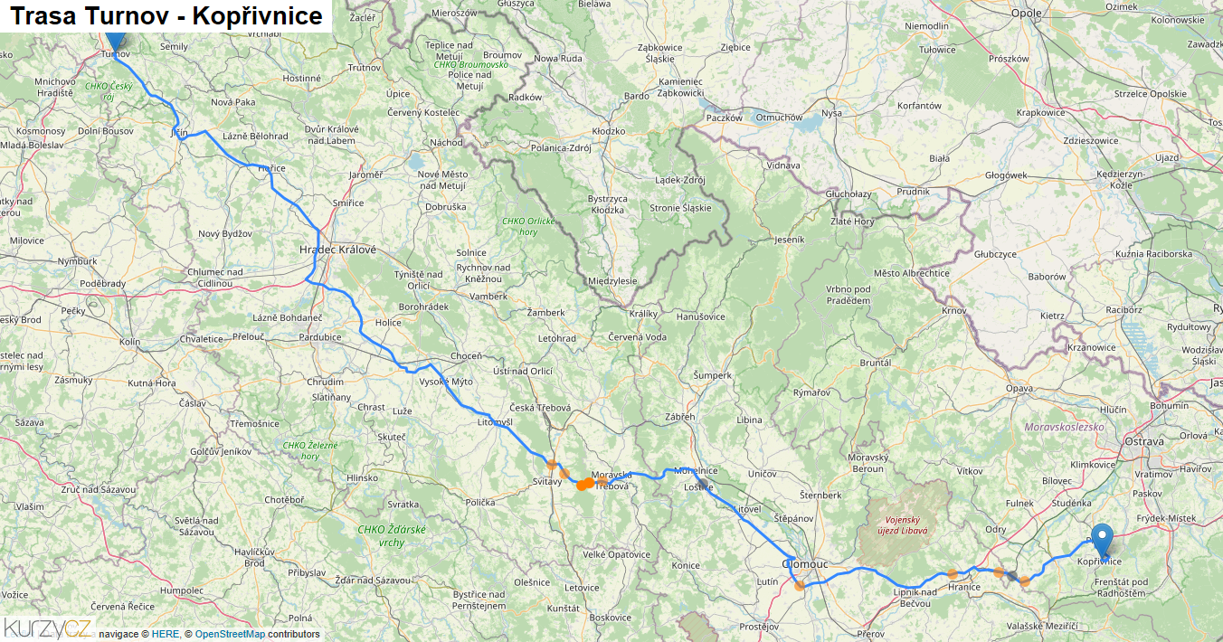 Turnov-Kopřivnice, mapa trasy