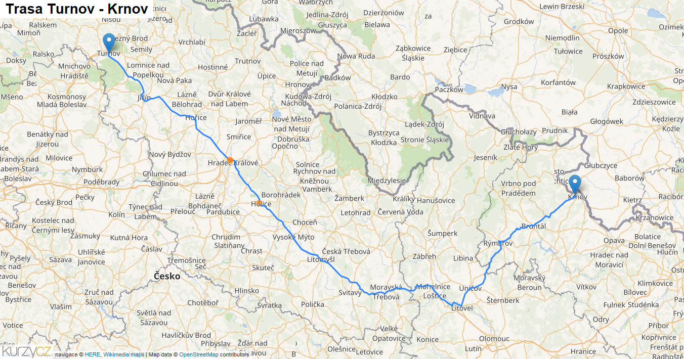 Turnov-Krnov, mapa trasy