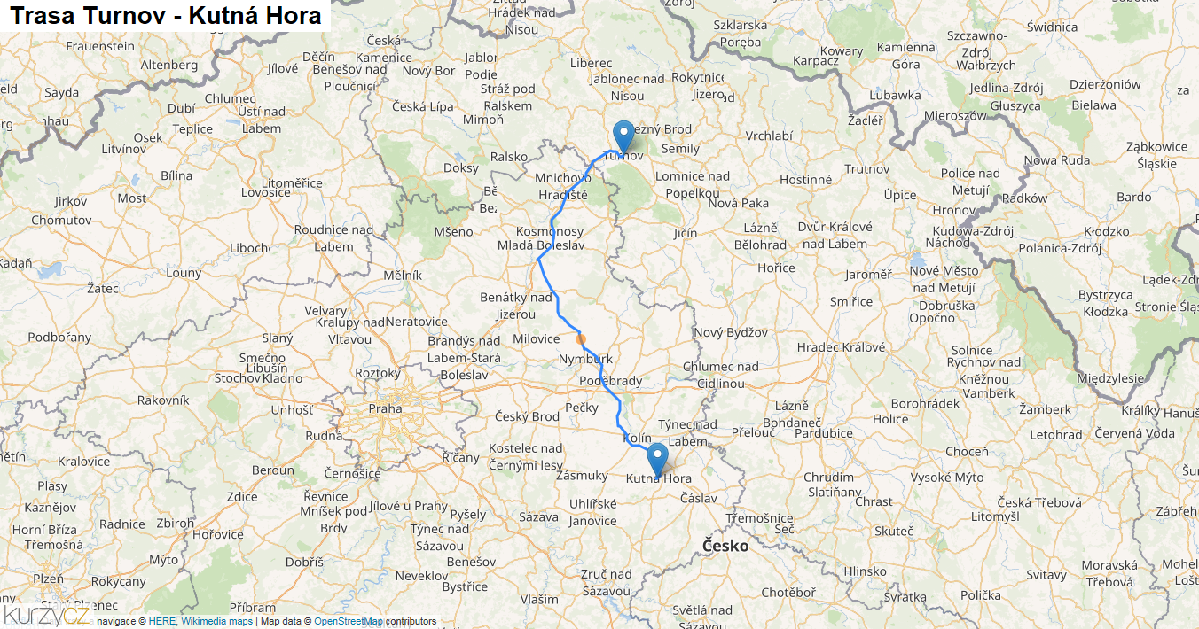 Turnov-Kutná Hora, mapa trasy