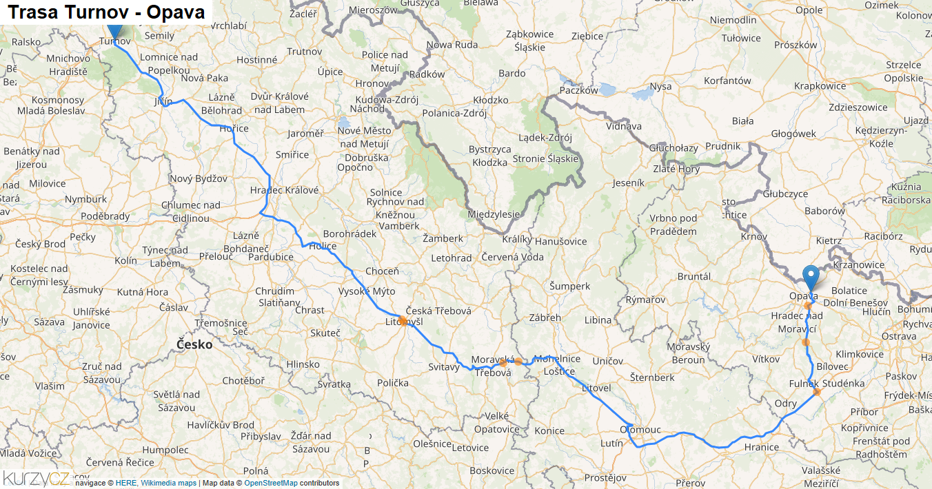 Turnov-Opava, mapa trasy