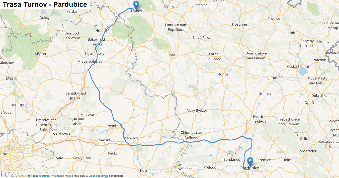 Turnov-Pardubice, mapa trasy