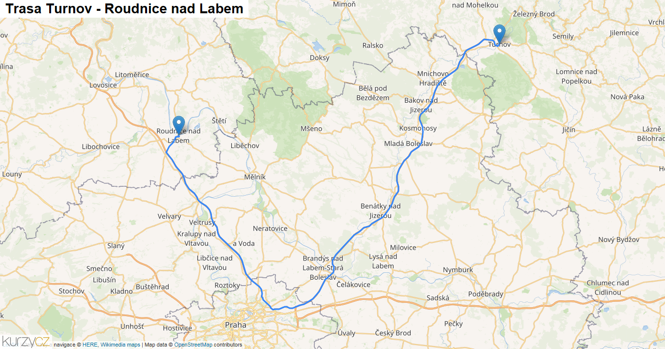Turnov-Roudnice nad Labem, mapa trasy