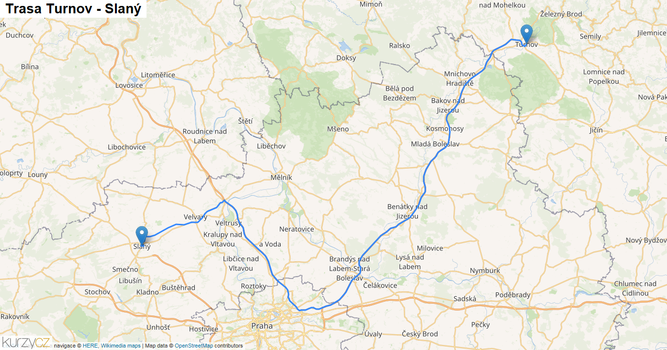 Turnov-Slaný, mapa trasy