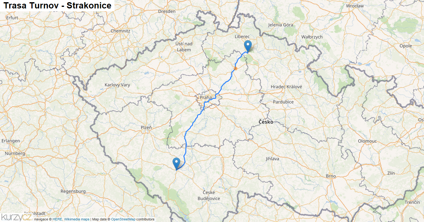 Turnov-Strakonice, mapa trasy