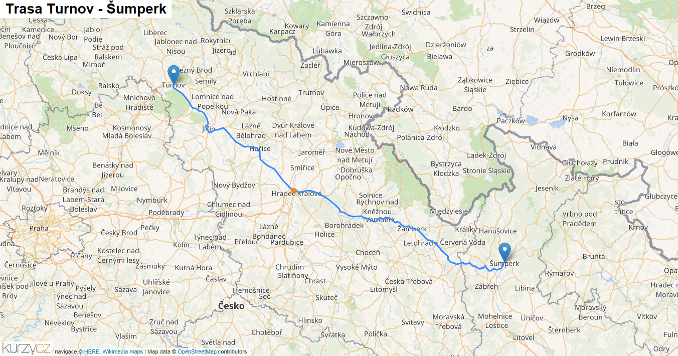 Turnov-Šumperk, mapa trasy