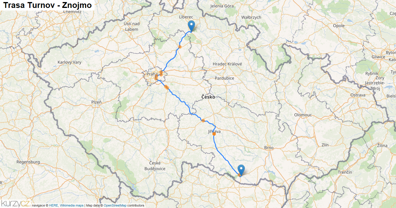 Turnov-Znojmo, mapa trasy