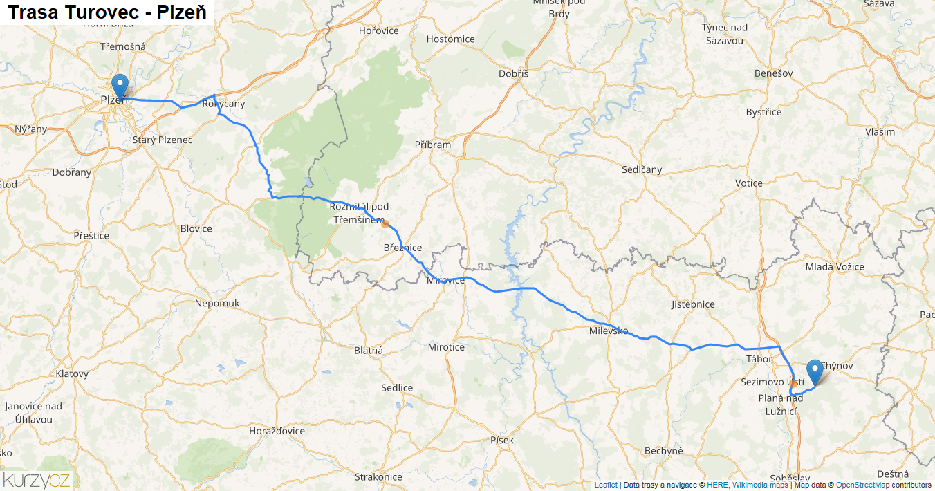 Turovec-Plzeň, mapa trasy