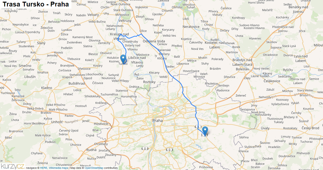 Tursko-Praha, mapa trasy
