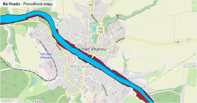 Ke Hradu - záplavové mapy stoleté vody