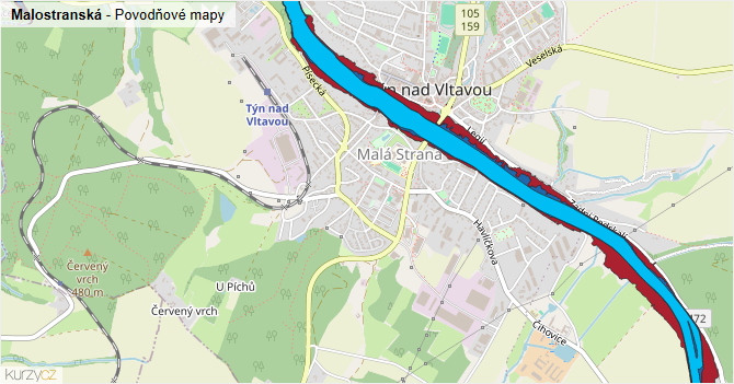 Malostranská - záplavové mapy stoleté vody