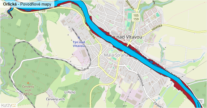 Orlická - záplavové mapy stoleté vody