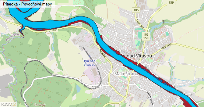 Písecká - záplavové mapy stoleté vody
