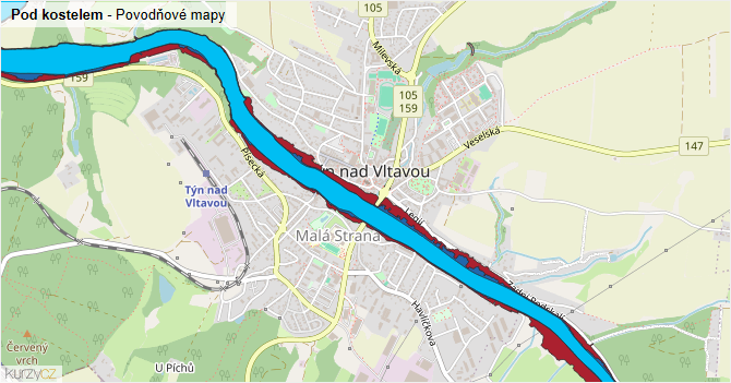 Pod kostelem - záplavové mapy stoleté vody