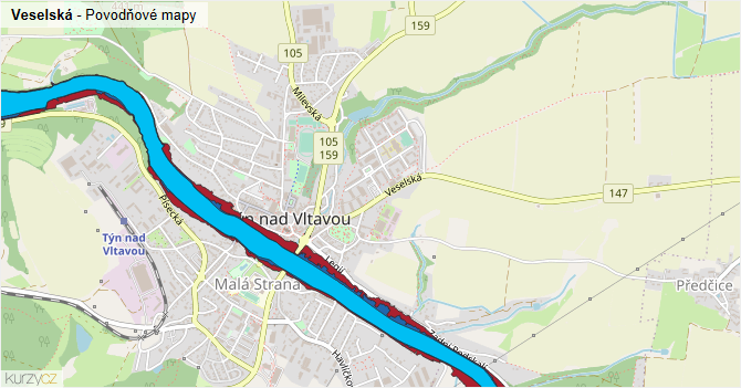 Veselská - záplavové mapy stoleté vody