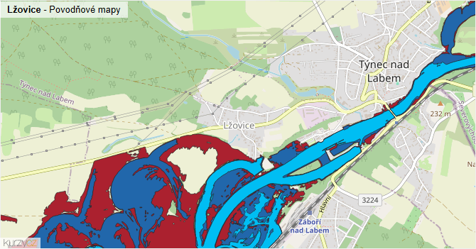 Lžovice - záplavové mapy stoleté vody