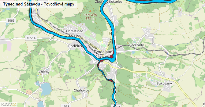 Týnec nad Sázavou - záplavové mapy stoleté vody