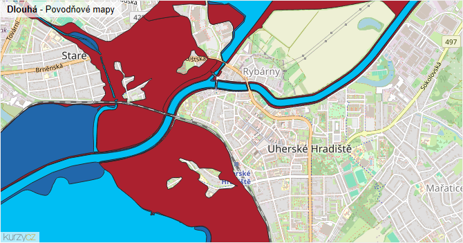Dlouhá - záplavové mapy stoleté vody