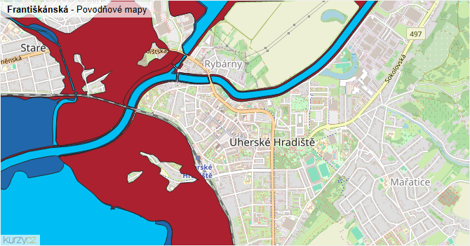 Františkánská - záplavové mapy stoleté vody