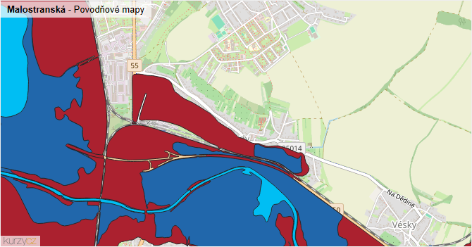 Malostranská - záplavové mapy stoleté vody