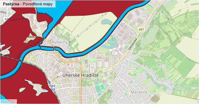 Pastýrna - záplavové mapy stoleté vody