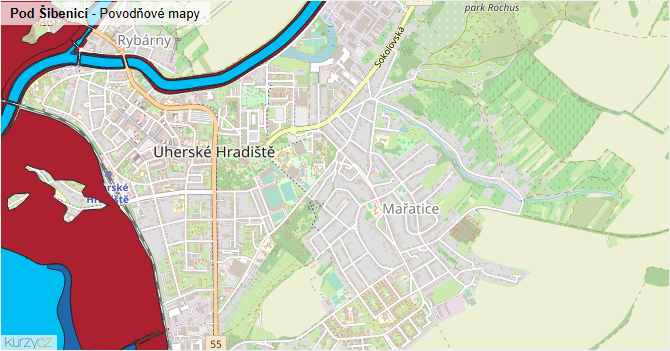 Pod Šibenicí - záplavové mapy stoleté vody
