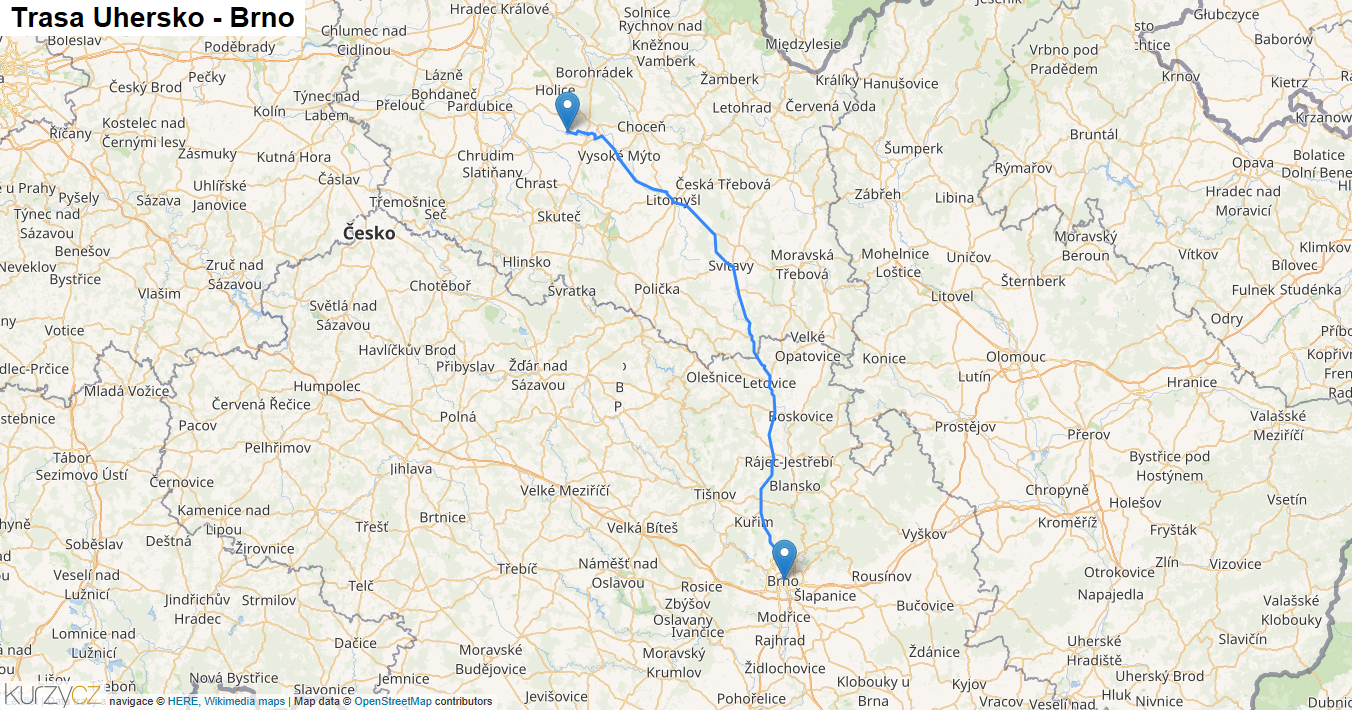 Uhersko-Brno, mapa trasy