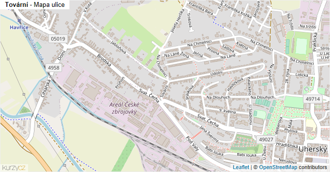 Tovární - mapa ulice