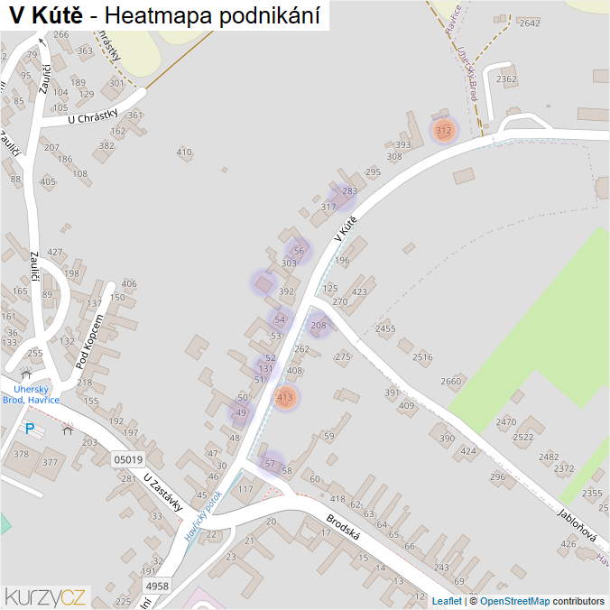 Mapa V Kútě - Firmy v ulici.