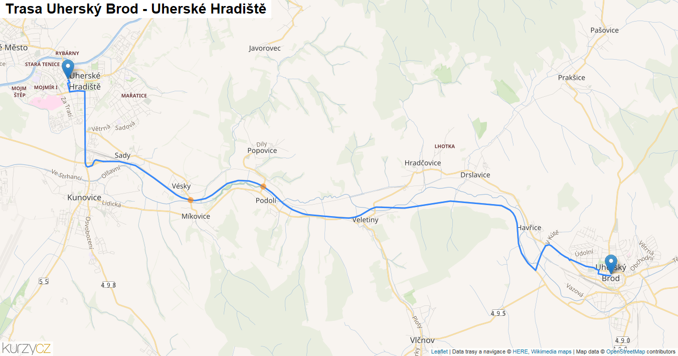 Uherský Brod-Uherské Hradiště, mapa trasy
