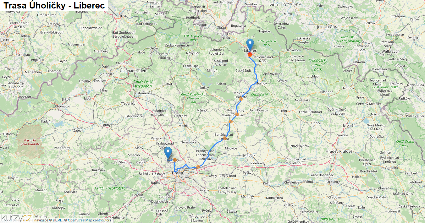 Úholičky-Liberec, mapa trasy