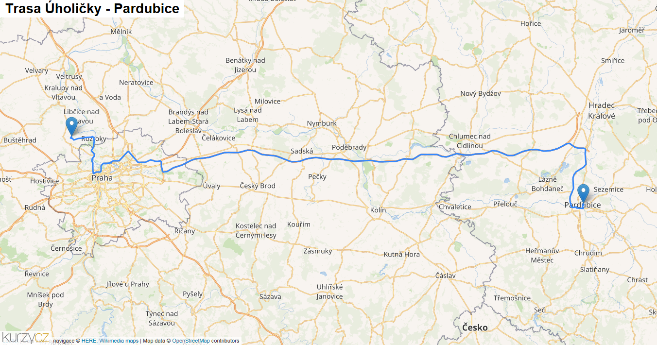 Úholičky-Pardubice, mapa trasy