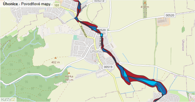 Úhonice - záplavové mapy stoleté vody