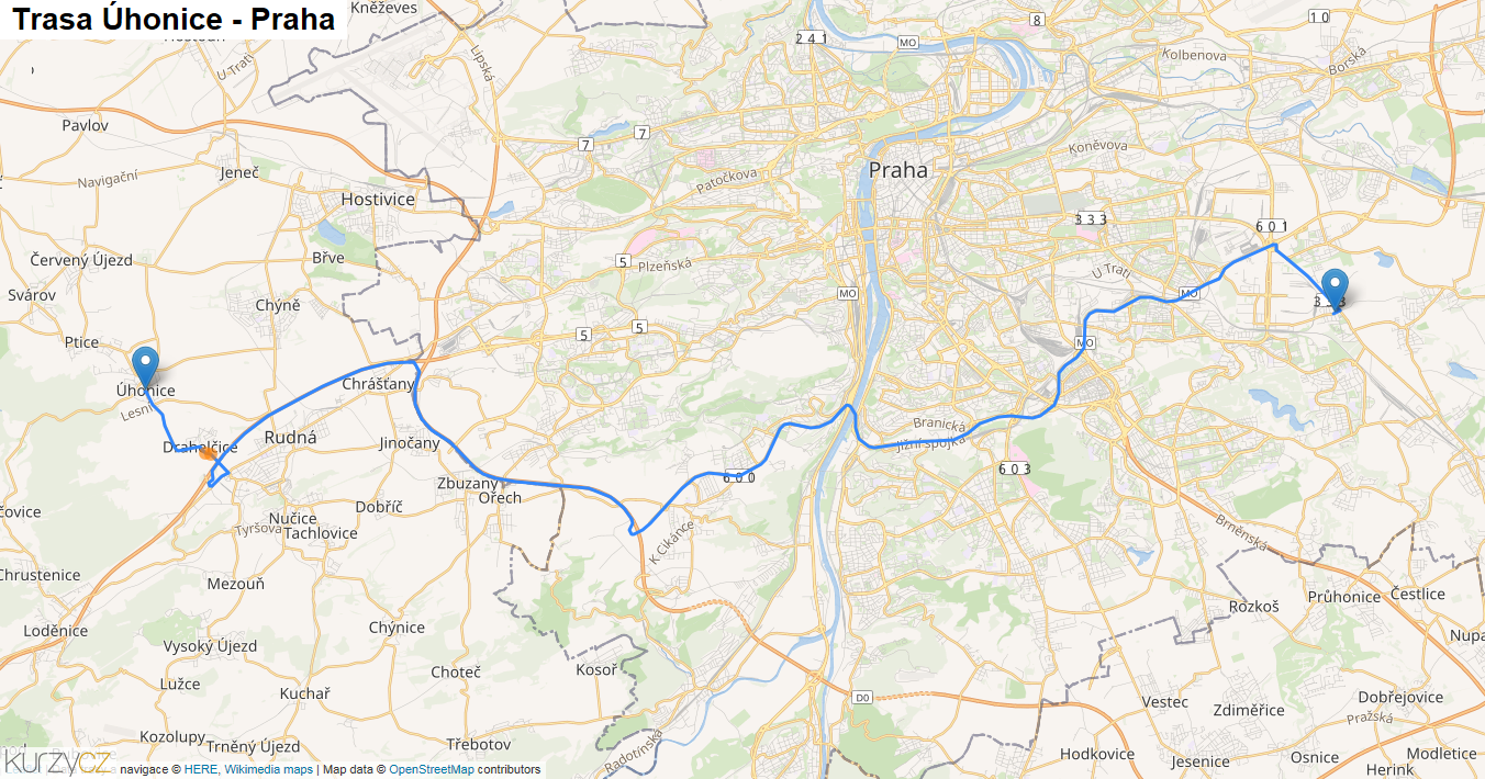 Úhonice-Praha, mapa trasy