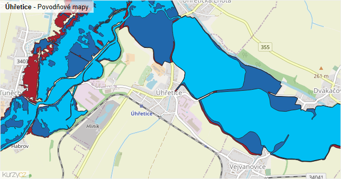 Úhřetice - záplavové mapy stoleté vody