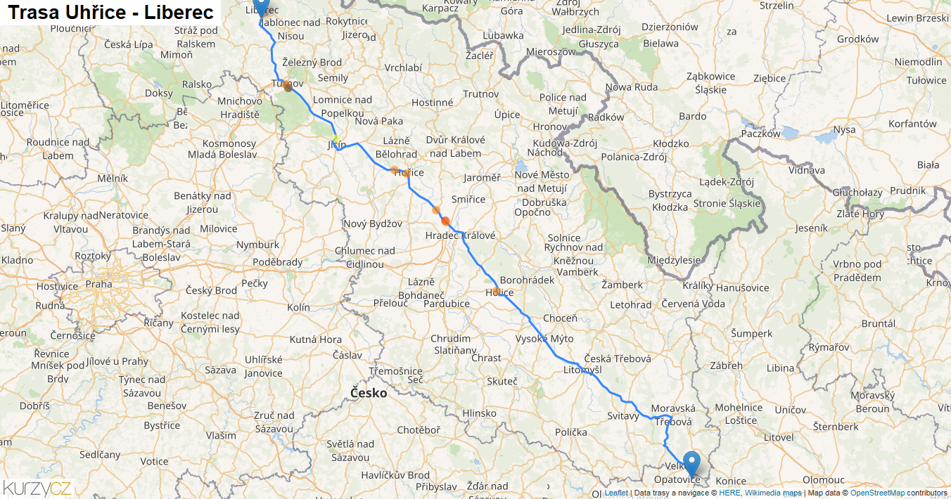 Uhřice-Liberec, mapa trasy