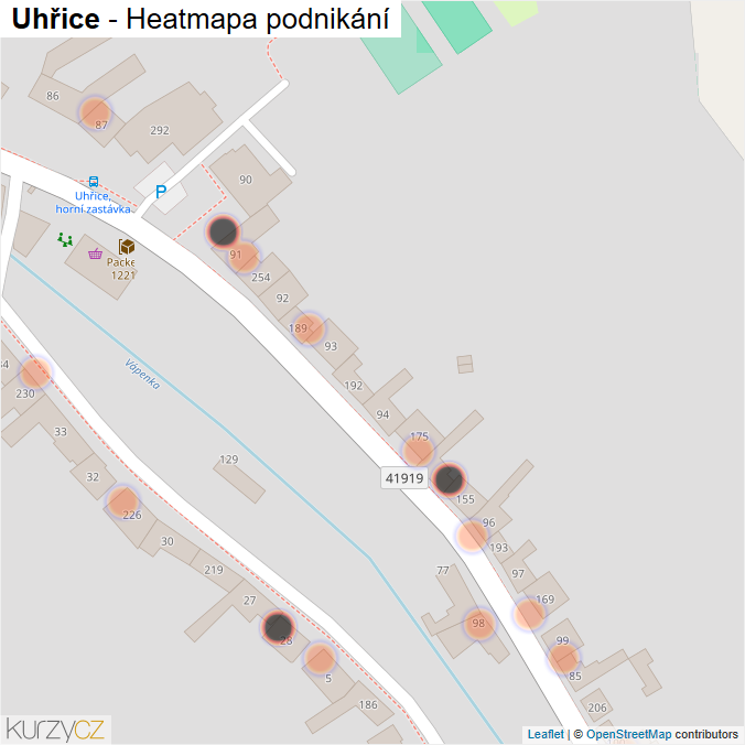 Mapa Uhřice - Firmy v obci.